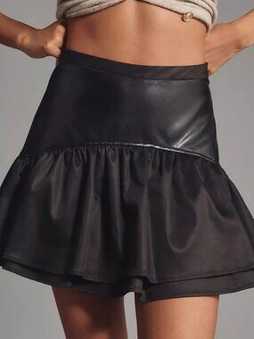 Black Faux Leather Flounce/Ruffle Mini Skirt